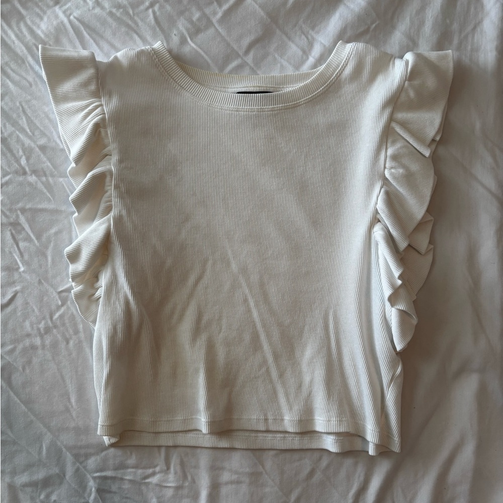 Zara White Ribbed Crop Top with Ruffle Sleeves